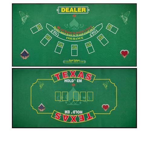 2-in-1 Casino Night Poker Mat, 36"x72" Double-Sided Texas Hold'em & Blackjack Felt Table Cover, Non-Slip Steel Clamps Included, Perfect for Game Night, Home & Casino Parties - color: Green