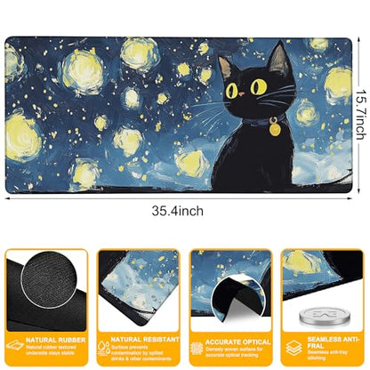 Large Gaming Mouse Pad Starry Night Cute Cat Extended Computer Keyboard Mousepad with Non-Slip Rubber Base Stitched Edge Waterproof Big Long Laptop Pad for Gamer Office Home 35.4"X 15.7" - color: Anime Neon Purple City