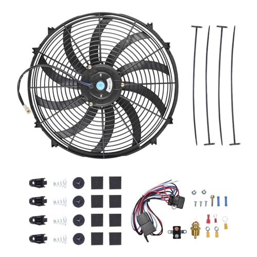 SSN 16" Electric Radiator Cooling Fan Thermostat Wiring Switch Relay Kit | Push Pull Electric Radiator Universal Slim Fan with 12V 120W Mount Kit Black - color: Black, size: 16" With Thermostat