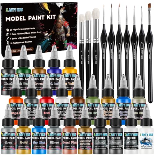 Model Paint Set, 34-Piece Miniature Painting Kit, Ready-to-Spray | 20 Acrylic Paints, 10 Brushes, 3 Primers, 1 Thinner, Complete Hobby Set for Figures & Tabletop Wargaming, Model Car Paint Kit