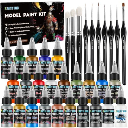 Model Paint Set, 34-Piece Miniature Painting Kit, Ready-to-Spray | 20 Acrylic Paints, 10 Brushes, 3 Primers, 1 Thinner, Complete Hobby Set for Figures & Tabletop Wargaming, Model Car Paint Kit