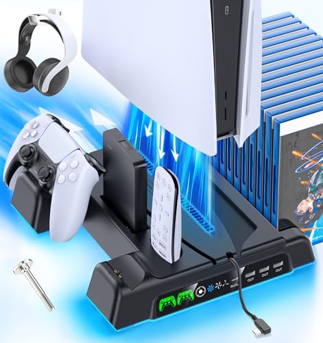 PS5/Slim/Pro Stand and Cooling Station with LED Controller Charging Station for PlayStation 5 Console, Controller Charger, Cooling Stand, PS5/Slim/Pro Accessories Kit with 3 Level Cooling Fan - Black - color: Black