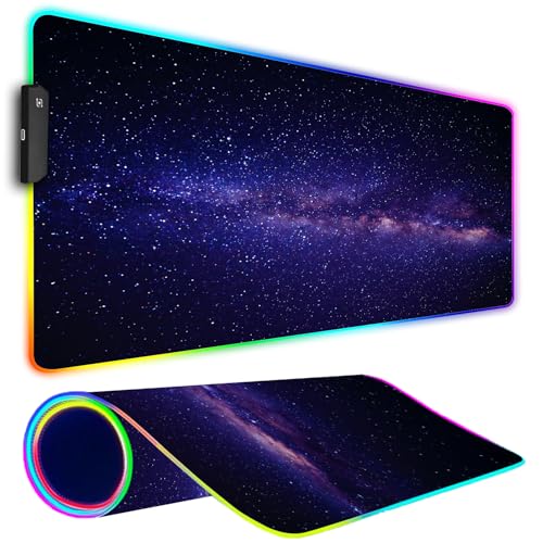 RGB Gaming Mouse Pad, Large Mousepad with Led Light, Gaming Accessories Keyboard Pad for Desk, Non-Slip Rubber Base Big Mouse Mat for Gamer, 31.5 X 11.8 Inch, Black Gold Mountain - color: 09 Purple Space