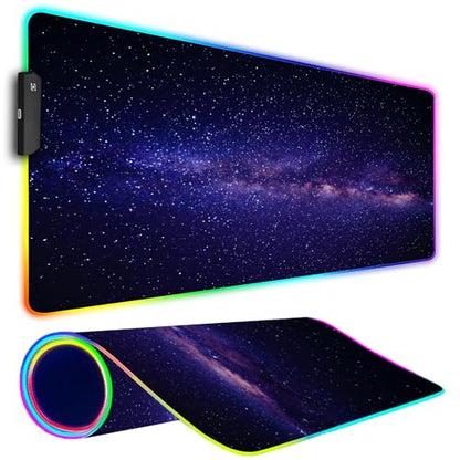 RGB Gaming Mouse Pad, Large Mousepad with Led Light, Gaming Accessories Keyboard Pad for Desk, Non-Slip Rubber Base Big Mouse Mat for Gamer, 31.5 X 11.8 Inch, Black Gold Mountain - color: 09 Purple Space