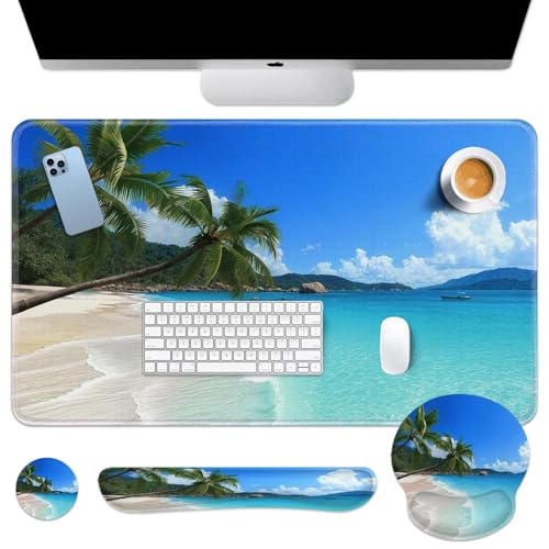 Arttown Tropical Sunshine Beach Desk Mat Summer Ocean Mouse Pad Set 4 in 1 Ergonomic Design Large Desk Pad + Keyboard Wrist Rest + Mouse Wrist Rest + Coaster Suitable for Home Office Study Game - color: Tropical Beach