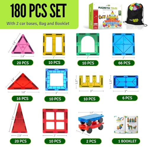 Magnetic Tiles Set 180 PCS with 2 Cars Bases, STEM Educational Magnet Toys for Kids Ages 3-12, Magnetics for Kids & Preschool, Creative Magnetic Building Toys for Boys & Girls - style: 180 Pieces