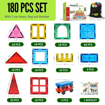 Magnetic Tiles Set 180 PCS with 2 Cars Bases, STEM Educational Magnet Toys for Kids Ages 3-12, Magnetics for Kids & Preschool, Creative Magnetic Building Toys for Boys & Girls - style: 180 Pieces