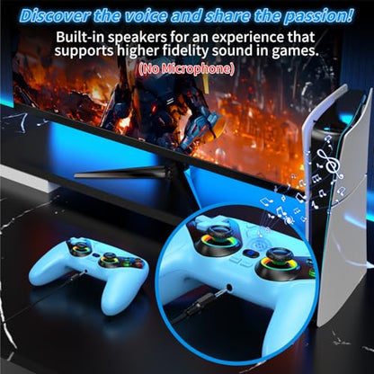 Dinosoo RGB Wireless Controller for PS5/PlayStation 5 PC, Bluetooth Controller with Turbo, Macro, Dynamic Vibration, 6-Axis Motion Control, 3.5mm Audio Jack, 1000mAh Battery, Speaker - Blue - color: BLUE
