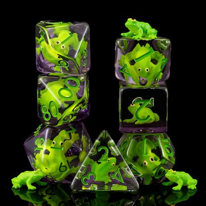 Resin D&D Dice Set, Green Frog Animal Polyhedral Dice for Dungeons and Dragons, RPG, MTG DND 7-DIE (D4, D6, D8, D10, D12, D20, D%) for Ages 15 and Up - color: Green Frog2