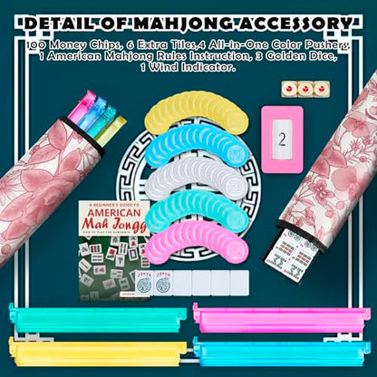 American Mahjong Tile Set, Mah Jong Set Complete with Pink Flower Bag, 166 White Tiles with Golden Dices for Travel, 4 All-in-One Mahjong Racks with Pushers (Pink) - color: Pink