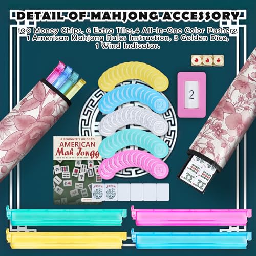American Mahjong Set, 166 Premium Scratch-Resistant Tiles with 4 Upgraded Rack Pushers & Dice, Portable Soft Carry Case, Complete Traditional Mah Jongg Game Set for Family Party, Travel & Gift - color: Pink Flower