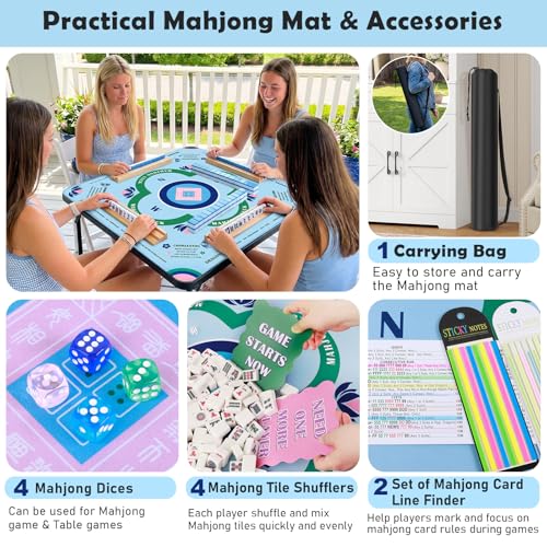Mahjong Mat Set, Anti-Slip Noise Reduction Gaming Mat for American Mahjong, 32.28x32.28 Inch Waterproof Game Table Cover Kit with Carrying Bag, Mahjong Tile Shuffler Cards & Dice & Card Line Finder