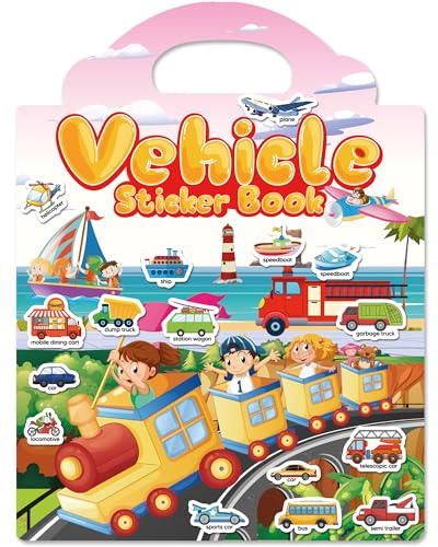 Walenced Reusable Sticker Book for Toddlers, Travel Stickers for Kids, Toddler Craft Activities Toys, Birthday Gifts for Boys & Girls - style: Vehicle