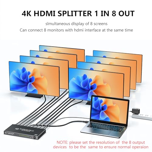 4K HDMI Splitter 1 in 8 Out - 8 Port Powered HDMI Splitter - 1x8 hdmi splitters Multi Monitor Outputs, Supports 4Kx2K@30Hz 3D for Office/PS4/Projector/HDTV