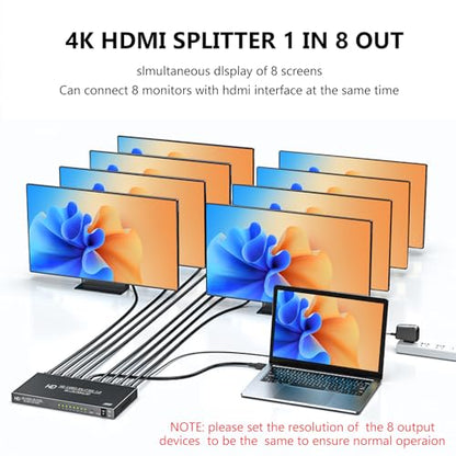 4K HDMI Splitter 1 in 8 Out - 8 Port Powered HDMI Splitter - 1x8 hdmi splitters Multi Monitor Outputs, Supports 4Kx2K@30Hz 3D for Office/PS4/Projector/HDTV