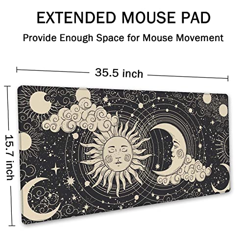 SSOIU Astrology Sun with Moon Mouse Pad 35.5 X 15.7 Inch XXL Black Full Desk Mousepad Extended Large Non-Slip Rubber Base Waterproof Big Keyboard Mat with Stitched Edges for Gaming and Office - color: Astrology Sun With Moon