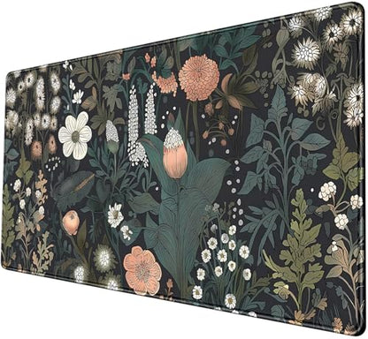 Dark Flower Desk Mat Floral Plants Mouse Pad Boho Aesthetic Wildflowers Large Gaming Mousepad Desk Pad, XXL Keyboard Mouse Mat Full Desktop Mat Women Office Desk Accessories 31.5"x15.7" - color: A5- Dark Flowers