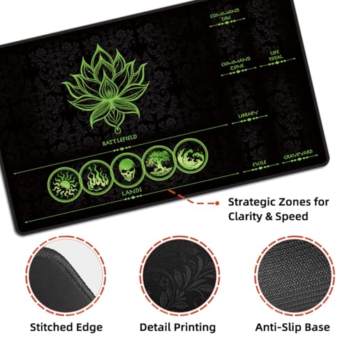 MTG Playmat with Zones – Lotus Sketch Green 24x14 Card Game Mat for Magic The Gathering, Stitched Edge, Non-Slip Rubber Base with Prismatic Playmat Tube – Lotus Green Zone - color: Lotus Green Zone