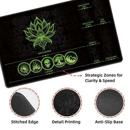 MTG Playmat with Zones – Lotus Sketch Green 24x14 Card Game Mat for Magic The Gathering, Stitched Edge, Non-Slip Rubber Base with Prismatic Playmat Tube – Lotus Green Zone - color: Lotus Green Zone