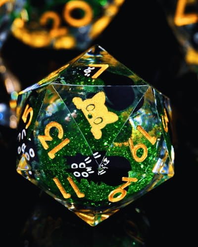 Froggod 싱글 리퀴드 코어 캣 D20 주사위 - DND, RPG, 테이블 탑 게임용 22mm 샤프 엣지 롤 플레잉 주사위 - 20면 레진 D&D 주사위, 캐서드 각인(캣 헤드 그린) - color: 캣 헤드 그린