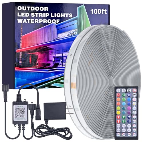 MIHEAL 100FT Outdoor LED Strip Light IP67 Waterproof,Outside RGB Lights with App/Remote Control,Color Changing,Music Sync Rope Light for Balcony,Deck,Rooftop,Garden,Pool - size: 100ft