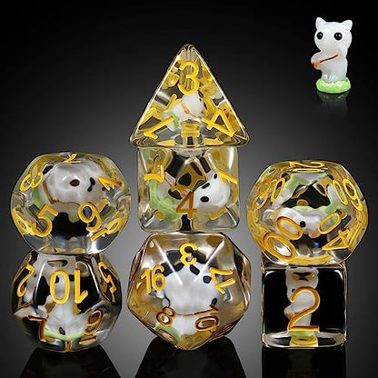 White Cat Gaming Dice Set D&D, DNDND 7PCS Resin DND Dice with Velvet Bag for Dungeons and Dragons Role Playing Games and Tabletop Games（White Cat - color: Cat-white