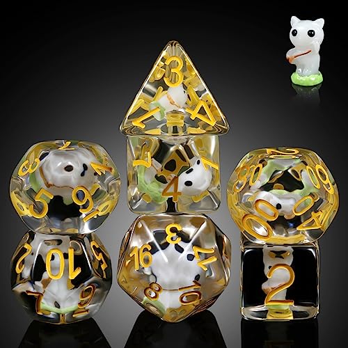 White Cat Gaming Dice Set D&D, DNDND 7PCS Resin DND Dice with Velvet Bag for Dungeons and Dragons Role Playing Games and Tabletop Games（White Cat - color: Cat-white