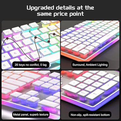 Camiysn Gaming Creamy Keyboard and Mouse, White 104 Keys RGB and 6 Speed RGB Mouse Combo, Pudding Keycaps Silent Computer Keyboard for Computer/PC/Laptop/Mac/Windows/Office - color: White