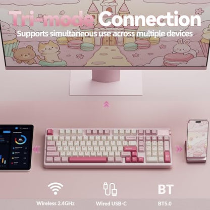 LEOBOG A98 Wireless Mechanical Keyboard, Tri-Mode BT5.0/2.4GHz/USB-C, Creamy Keyboard with Number Pad, Gasket Structure Hot Swappable, PBT Keycaps, RGB Backlit Pink Gaming Keyboard with Knob for PC - color: Creamy&Pink