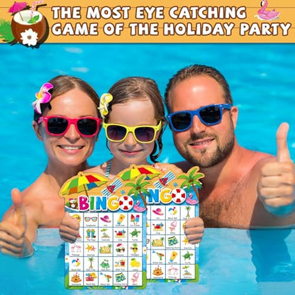 39Pcs Pool Party Bingo Game for Adults Kids 24 Players Summer Party Bingo Game Cards with Reward Stickers for Family Friend Student Large Group Activities Hawaiian Tropical Beach Parties Supply Favors - style: Pool Party
