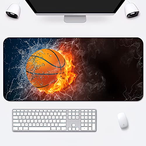 Desk Mat,Basketball Fire and Water Gaming Mouse Pad,XXL Extended Mouse Pad Mat for Office,Computer,Keyboard with Non-Slip Base Stitched Eges Mousepad 35''×15.7''×0.12'' - color: Basketball Fire and Water