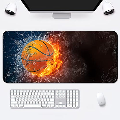 Desk Mat,Basketball Fire and Water Gaming Mouse Pad,XXL Extended Mouse Pad Mat for Office,Computer,Keyboard with Non-Slip Base Stitched Eges Mousepad 35''×15.7''×0.12'' - color: Basketball Fire and Water