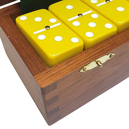 Marion Domino Double Six Yellow with White Spots Jumbo Tournament Professional Size with Spinners in Dovetail Sheesham Wood Box. - color: Yellow-white