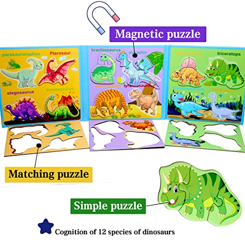Magnetic Puzzles for Kids Ages 3-5, Travel Toddler Dinosaur Puzzle Toy | Refrigerator Magnet Game for Ages 4-6, Learning & Birthday Gift for Boys, Car & Airplane Road Trip Quiet-Time Activity Toys - style: Dinosaur