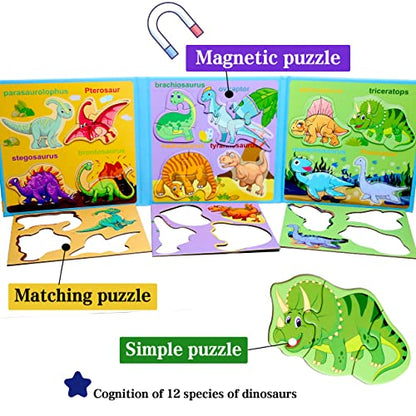 Magnetic Puzzles for Kids Ages 3-5, Travel Toddler Dinosaur Puzzle Toy | Refrigerator Magnet Game for Ages 4-6, Learning & Birthday Gift for Boys, Car & Airplane Road Trip Quiet-Time Activity Toys - style: Dinosaur