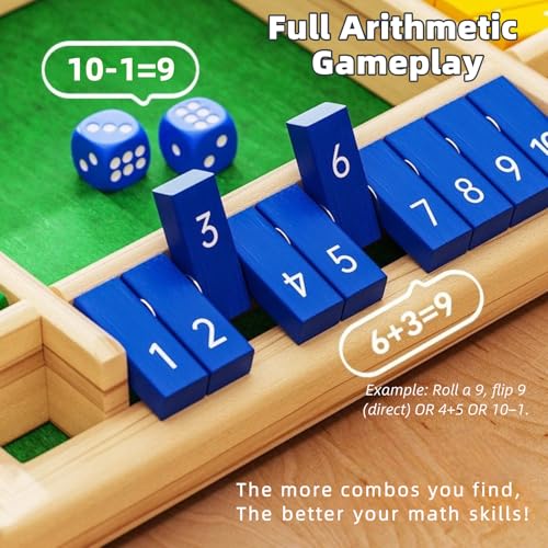 Shut The Box Game Wooden, 2-4 Player Close The Box Dice Game with 8 Colorful Dice, Wooden Math Board Games for Kids Adults Family, Portable Wood Shut The Board Game Box for Party Travel(8.7" x 8.7")