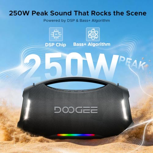 Portable Wireless Speaker, 250W Peak/220W RMS Loud Boombox Speaker, Deep Bass Outdoor Party Speaker, 20H Playtime, IPX5 Waterproof, RGB Lights, TWS Pairing, USB/TF/AUX