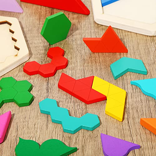 Jerify 5 Pack Wooden Tangram Puzzle for Kids, Brain Teaser Puzzles | Wooden Hexagon Puzzle Block Teaser, Pattern Blocks, Tangram Puzzle, Geometric Shapes Tangram Games, Boys Girls Toddler 1-3 - style: Geometry