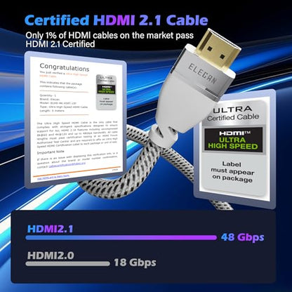 Elecan Certified 8K HDMI 2.1 Cable 3 Ft, Left 45 Degree Angled High Speed 48Gbps Braided HDMI Cord, 8K@60Hz 4K@120Hz 2K 1080P, HDR10+, eARC HDCP 2.3 for Video Gaming PC PS5 Xbox Switch TV Monitor
