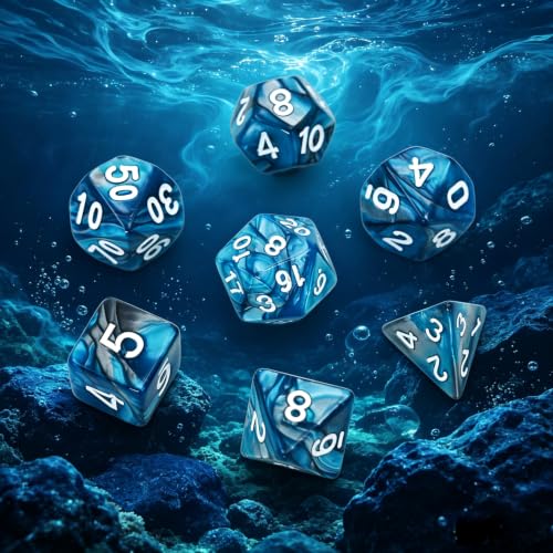 7Pcs DND Dice Set RPG Polyhedral Dice for Dungeon and Dragons MTG D&D D20 D12 D10 D8 D6 D4 (Lake Blue & Silver) - color: Lake Blue & Silver Dice