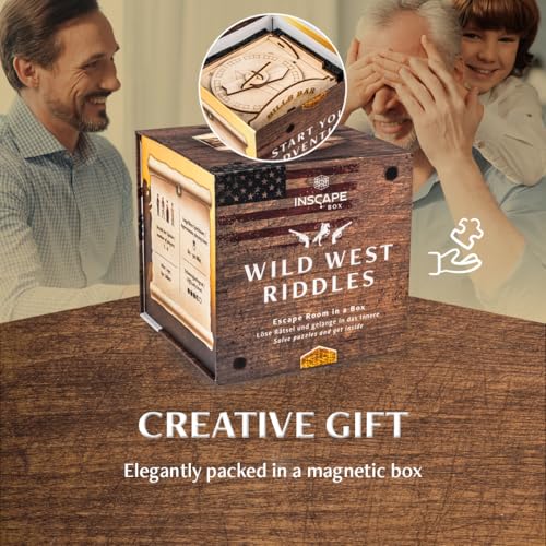 INSCAPE Wild West Riddles Cluebox Puzzle Box for Adults Wooden Escape Room | Western-themed Wooden Brain Teaser Game - Hidden Compartments Unlock Step By Step - Gift Idea For Men And Women