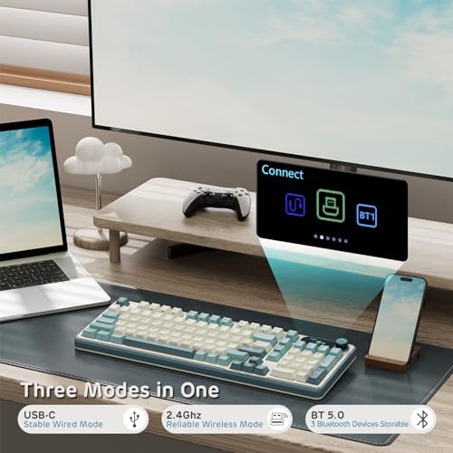 RK ROYAL KLUDGE S98 Wireless Mechanical Keyboard w/Smart Display & Knob | 96% RGB Wireless Gaming Keyboard BT/2.4G/USB-C, Hot Swappable Custom Keyboards, Creamy Sound Silent Computer Keyboard - color: Sky Blue, size: Linear Silent Switch