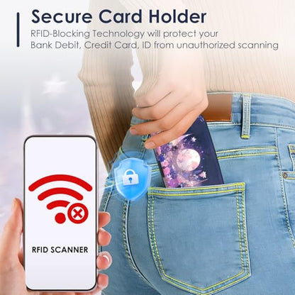 Mini Credit Card Holder for Women Men, RFID Blocking Slim Metal Card Case ID Case Business Travel Hard Wallet, Purple Flowers Moon - color: Purple Flowers Moon