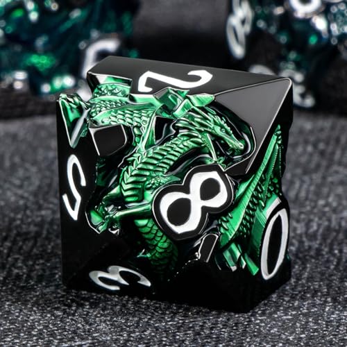 Roycevon Relief Dragon DND Dice Set for Role Playing Game, 7Pcs Metal D&D Dice Set Dungeons Dragons with Gift Box, Polyhedral D and D Dice D20 D12 D10 D8 D6 D4, Green and White - color: Green and White