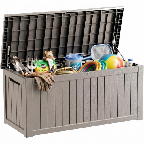 270 Gallon Deck Boxes Outdoor Waterproof, Outdoor Storage Box with Lockable Lid & UV-Resistant for Patio Furniture, Outdoor Cushions, Garden Tools and Pool Supplies, Light Brown - color: Light Brown, size: 270 GAL