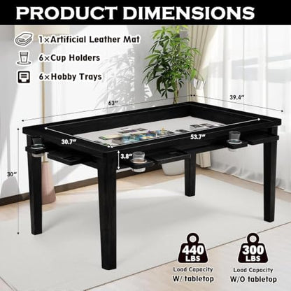 63"x39" Board Game Table with Removable Top Solid Wood Dining/Gaming Table | Gaming Table for 4-6 Players with Play Mat, 6 Detachable Cup Holders & 6 Hobby Trays (Black) - color: Black