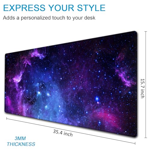 XXL Waterproof Office Desk Pad Protector 35.4x15.7 Inch - Extended Gaming Mouse Pad with Non-Slip Rubber Base, Thickened Keyboard Mat, Stitched Edges & Galaxy Star Design - color: Purple
