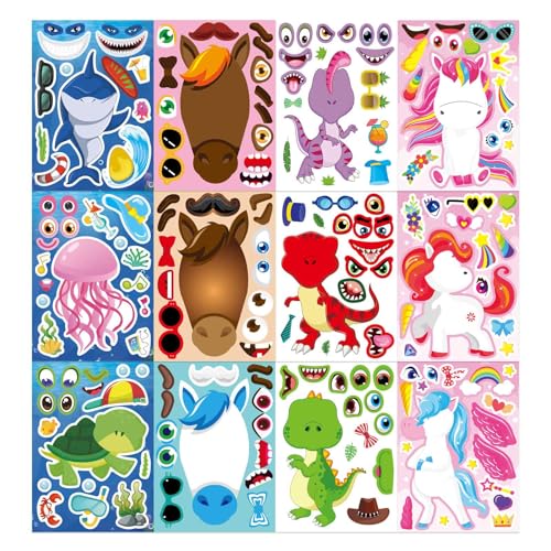 24 Sheets Make a Face Stickers for Kids Toddlers, Make Your Own Animal Mix and Match Sticker Sheets with Sea Animals Horses Dinosaurs Unicorns for Kids Crafts Party Favors Goodie Bags Stuffers - style: Animal