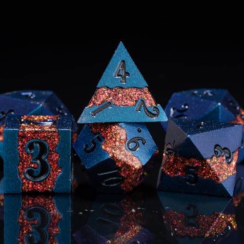 Heavy Metal DND Dice Set, 7PCS Polyhedral RPG Dice with Galaxy Glitter Core, Premium Zinc Alloy Dice for Dungeons and Dragon - color: Purple Blue Color Change + Red
