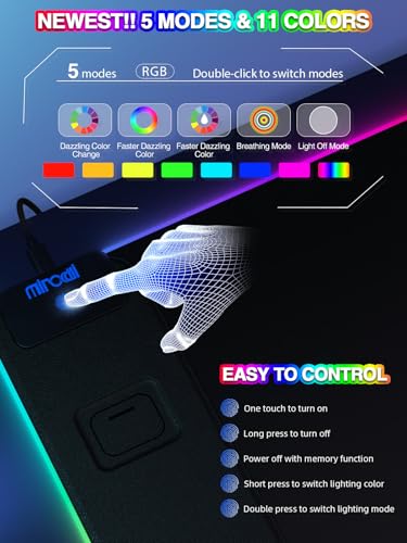 Mouse Pad with 15W Magnetic Wireless Charging, RGB Mousepad for Desk Mat, XXL Desk Pad with 11 Colors 5 Modes, Home Office Keyboard Pad Waterproof Non-Slip for PC Gaming - color: Black Touch Control Magnetic XXL with PD Charger